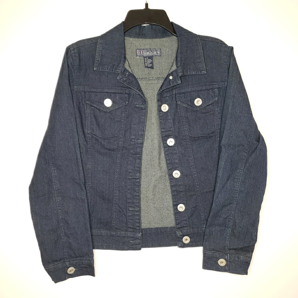 NWOT Vintage Baccini Black Denim Jacket Women's Medium Stretchy Shiny Buttons